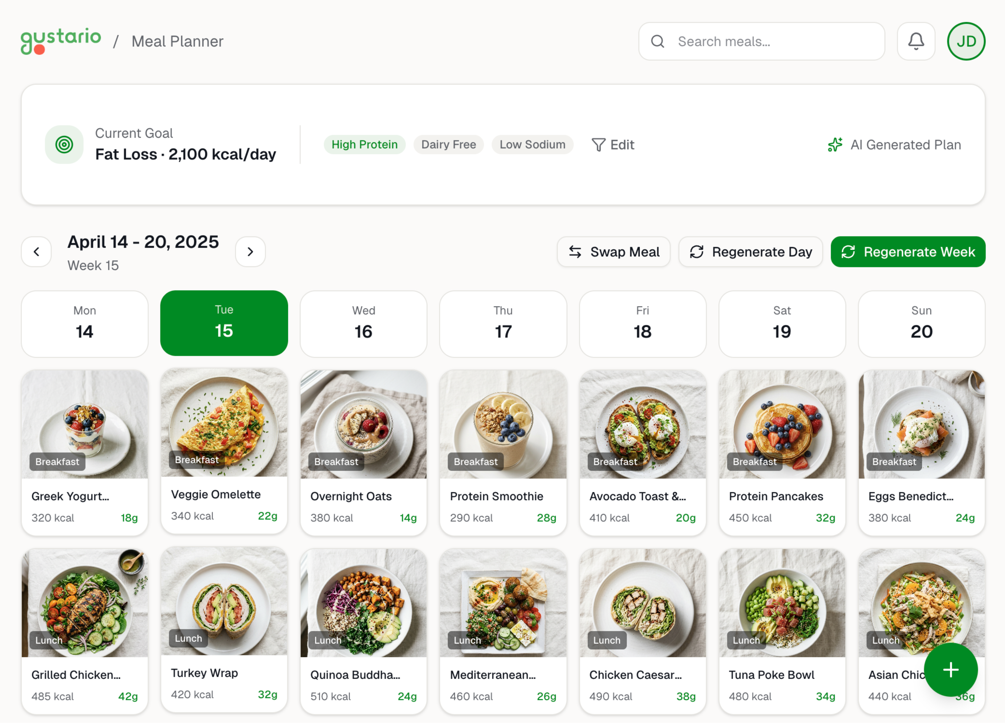 Weekly meal plan interface showing daily meals with calorie targets