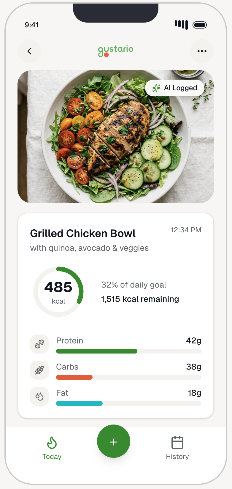 Meal tracking UI showing a photographed meal with calorie and macro overlay